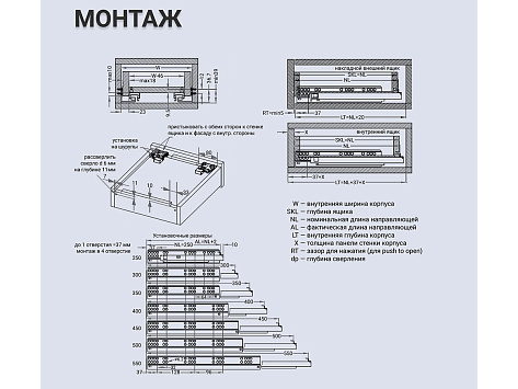 Скрытые направляющие SYNCHRO, 250мм Push to open, 3D регулировка, цинк, FGV